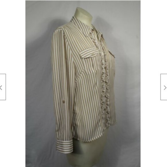 Kathy Che Tan + White Stripe Blouse Ruffle Trim M - Picture 2 of 5